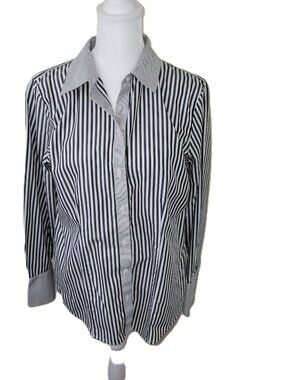 Chico's No Iron Striped Button Up Shirt Long Sleeve Gray & White Blouse Size S